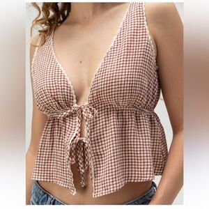 RSQ Red and White Checkered Tie-Front Tank Top